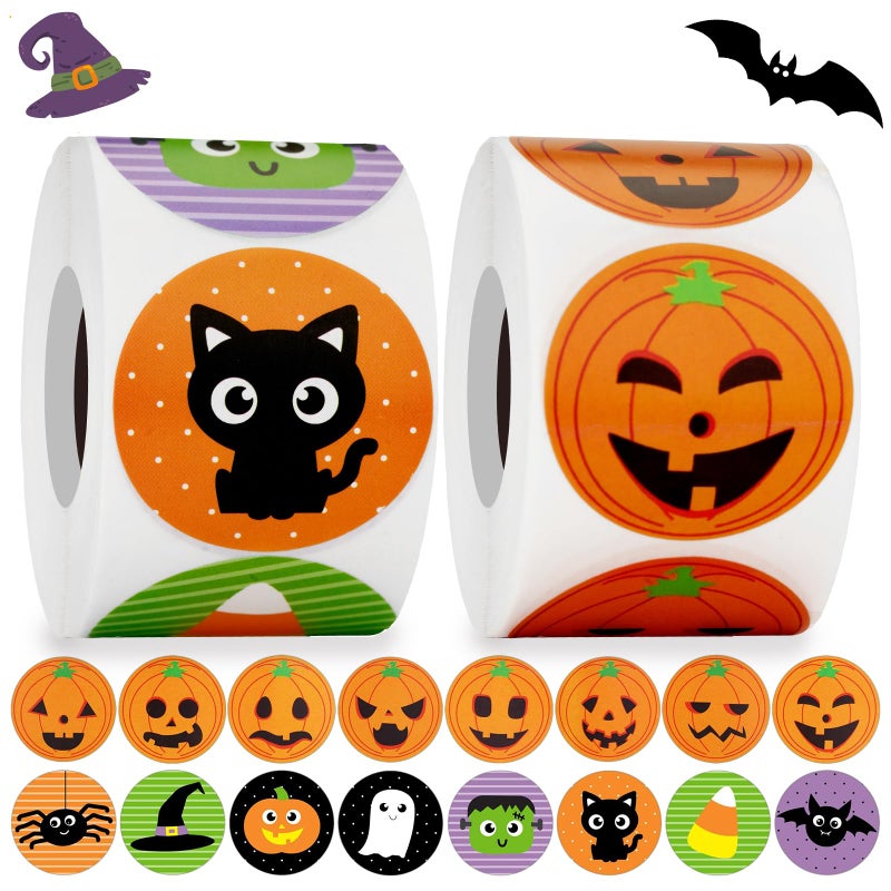 Anwyll Halloween Stickers 1000Pcs 1.5Inch Cute Happy Halloween Stickers for Adult Kid Self-Adhesive Halloween Pumpkin Ghost Bat Spider Gift Party Stickers Roll Halloween Envelope Seals Labels Stickers - Image 1